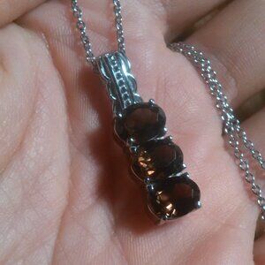 Brazilian Smokey Quartz Three Stone Stainless Steel Pendant Necklace
